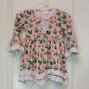 Print Kids Top with Crochet Lace Trim And Ruffles Size XXL Pink Cactus